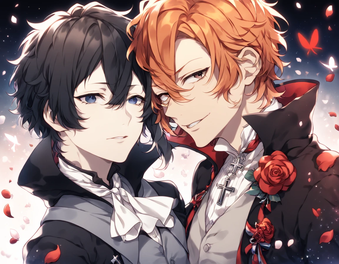 absurdres, highres, ultra detailed, HDR, master piece, best quality, extremely detailed, Akutagawa Ryuonosuke, black hair, expressive gray eyes, Bungou Stray Dogs, Nakahara Chuuya, orange hair, expressive blue eyes, two sexy men together, yaoi, gay couple, handsome, black coat with high collar, white shirt, gray vest, white cravat, cross, red butterflies, petals, magical, red roses, fantasy