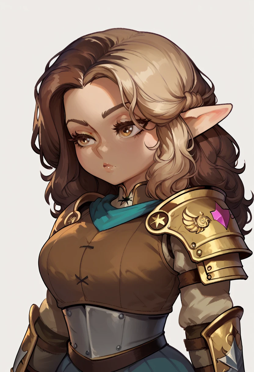 score_9, score_8_up, score_7_up, score_6_up, Shortstack, gnome fantasy race, elf like ears, Dark brown styled up hair with a pony tail, wearing fully suited plate mail armor, accurate medieval armor, upper body portrait, voluptuous body, Girl facing viewer, light brown eyes, dark brown hair, fully clothed