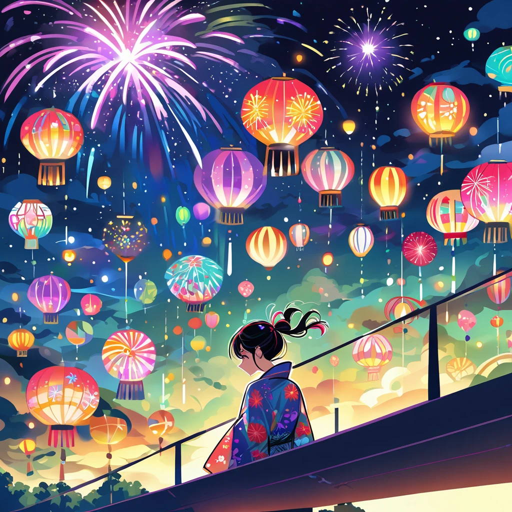 A girl with shoulder-length peal purple twin braids, greeo and black eyes, and hair tied at both sides of her head with a pink ribbon, wearing a beautiful yukata. She is standing on a lush, green hill, looking at a suspension bridge from a distance. The scene is set at night, with a spectacular fireworks display in the sky above the bridge. She is looking up with a joyful and amazed expression. The yukata is adorned with floral patterns and vibrant colors. The bridge and fireworks are the focal points in the distance, creating a dramatic and festive atmosphere. The perspective is dynamic, capturing the depth of the scene from slightly above. The art style is comic-inspired, with bold lines, vibrant colors, and expressive details.