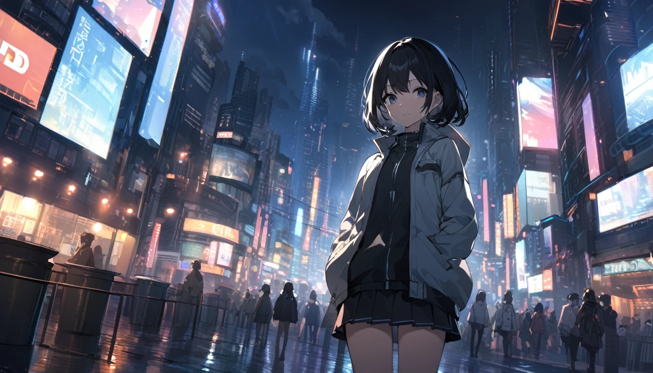 1 short black haired girl, wearing a light jacket and short skirt, standing in the middle of the night city, with the city light (somewhat blurry), ((HD wallpaper desktop)), grim weather, looking at the audience, ((city lights are a bit blurry)), Hands behind back,