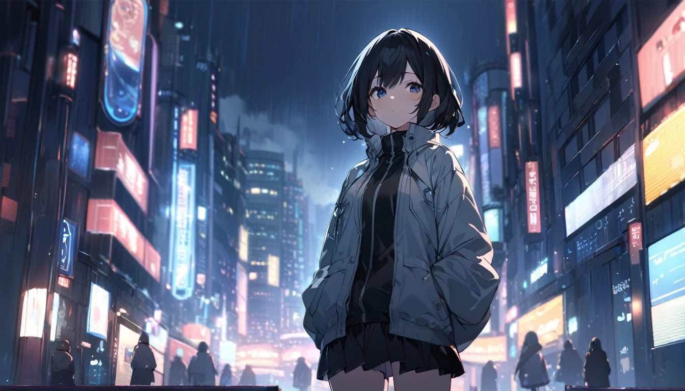 1 short black haired girl, wearing a light jacket and short skirt, standing in the middle of the night city, with the city light (somewhat blurry), ((HD wallpaper desktop)), grim weather, looking at the audience, ((city lights are a bit blurry)), Hands behind back,