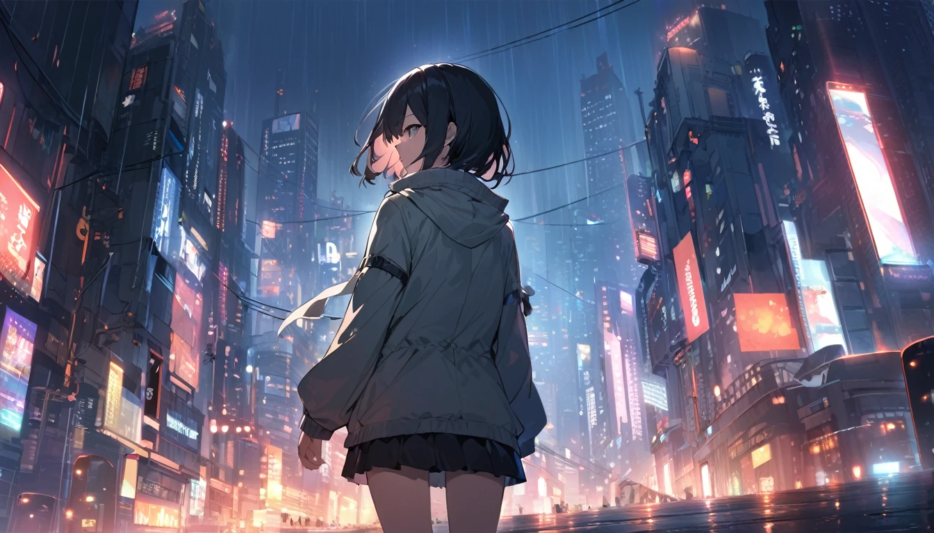 1 short black haired girl, wearing a light jacket and short skirt, standing in the middle of the night city, with the city light (somewhat blurry), ((HD wallpaper desktop)), grim weather, looking at the audience, ((city lights are a bit blurry)), Hands behind back, 