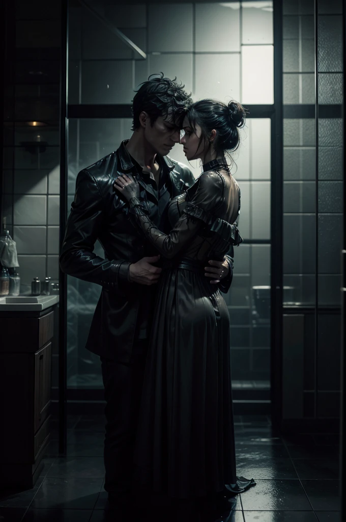 A dark, atmospheric scene in a bathroom with light tiles, showing two figures behind a blurry glass wall. A man is pressing his hands against the glass, while a woman has her back pressed against the glass. The lighting is low, creating a silhouette and mystery effect. Both figures have wet hair and wear dark clothing.. The glass is covered in condensation, and the expression of the characters is ambiguous, almost invisible due to fogged glass. the atmosphere is tense and dark.