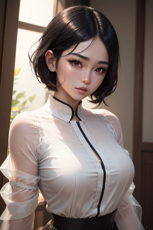 (Masseter muscle area)， Realistically， Photorealist， A Japanese beauty，  Beautiful Face、A vivid face、Short black hair、Beautiful Hair、Lips parted， Realistic Skin、Beautiful skins、Charm、Cute white blouse、Organza sleeves、 Upper body，Detailed，Dark Background，Backlight、
