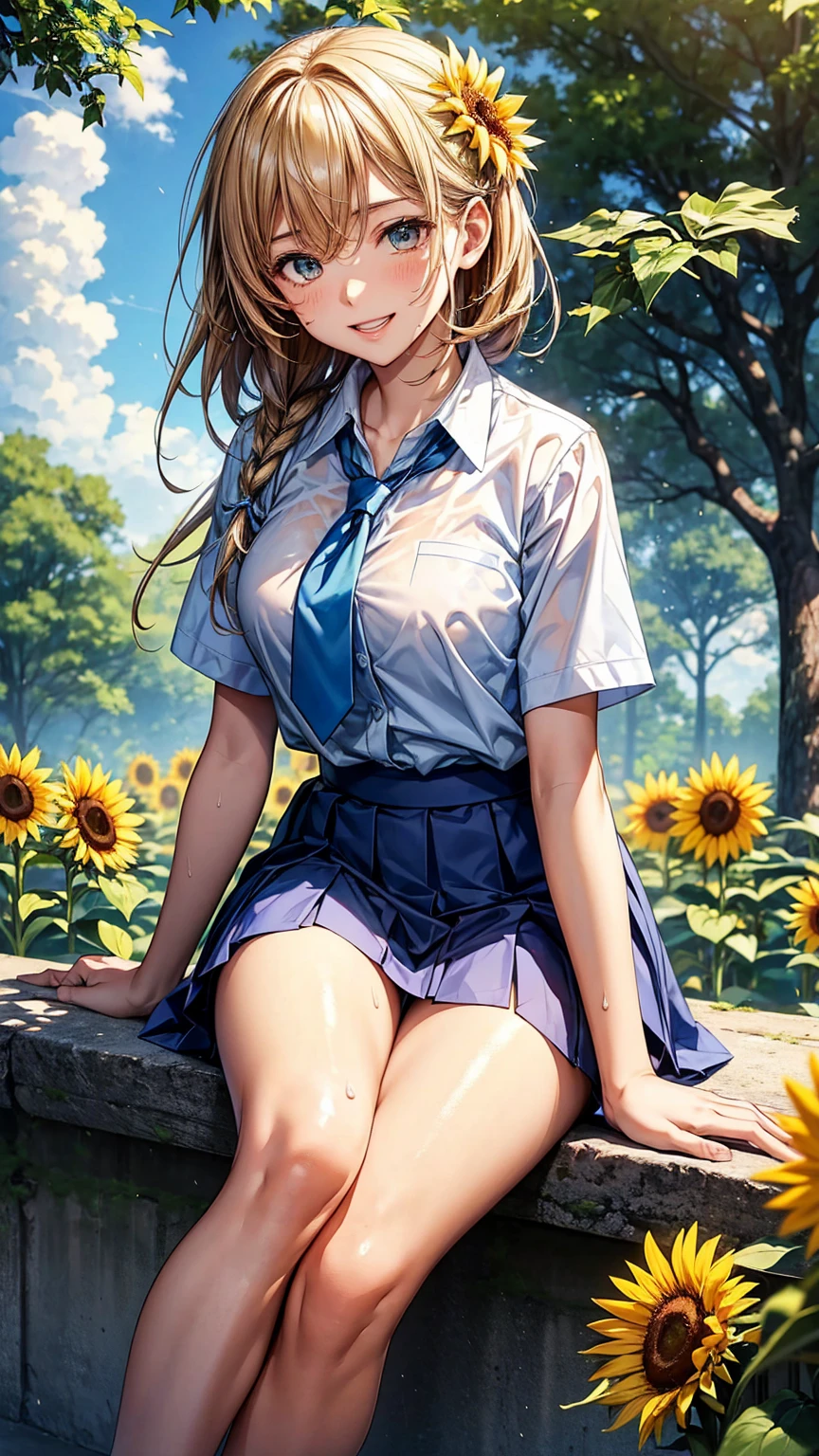 Under the blue summer sky、He is sitting with his legs spread apart, leaning against a large tree.。A student in a mini skirt is pointing at the camera and laughing。Hot summer day、Her uniform is wet with sweat and her underwear is visible.。Sunflowers in the forest
