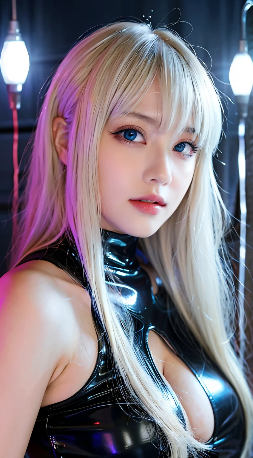 Unparalleled beauty, Glossy, firm and shiny skin, Bangs between the eyes, Beautiful shiny, straight platinum blonde, Super long straight silky hair, eyeliner, sexyで美しい無邪気な20歳, High resolution, Very bright and beautiful large glowing light blue eyes、Very big eyes、Beautiful and lovely girl, ((Huge ))、((erotic、sexy、超High resolution、The lighting is bright、Precise needles without discomfort))、