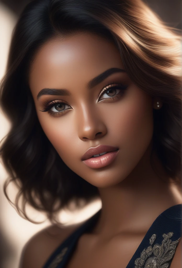 a singer with dark and radiant skin, adorned with beautiful detailed eyes,beautiful detailed lips,eyes and face ,long eyelashes, Ultra-realism,super resolution, Brazilianhighest quality, realisitic, photorealisitic, Award-winning illustrations, (details Intricate: 1.2), (subtle details), (details Intricate), (cinematic light, Super sexy short hair super girl, huge firm bouncy , Dynamic sensual poses, close-up of the upper body
