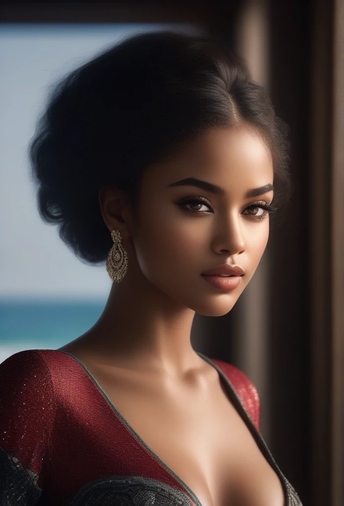 a singer with dark and radiant skin, adorned with beautiful detailed eyes,beautiful detailed lips,eyes and face ,long eyelashes, Ultra-realism,super resolution, Brazilianhighest quality, realisitic, photorealisitic, Award-winning illustrations, (details Intricate: 1.2), (subtle details), (details Intricate), (cinematic light, Super sexy short hair super girl, huge firm bouncy , Dynamic sensual poses, close-up of the upper body
