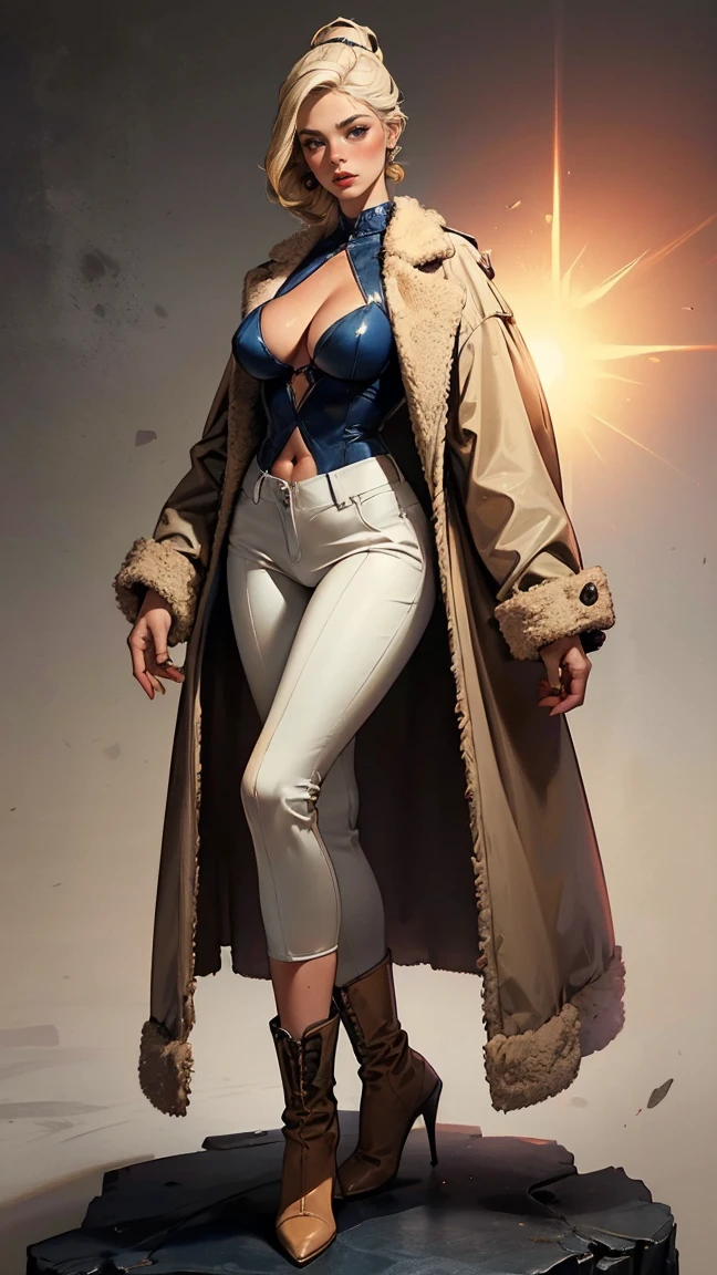 (Best quality, 4K, high resolution, masterpiece:1.2), ultra-detailed, realistic (photo-realistic:1.37), 40 years old, Russian woman, Matriarch of the Russian Mafia Gang, ambitious, elegance, calm, charming, intimidate, (blonde hair, power ponytail hairstyle), perfect lash, perfect makeup, sun-tan skin, expressive blue eyes, wine lips, mature woman charms, seductive allure, perfect hourglass body shape, long toned legs, flat abs, perfectly round E cup breasts, very Tall, slim, with peachy hips, ((Wearing elegance beige Vicuña coat and matching white pants)), ((long lacquer high heel Boots)), Background featuring luxurious penthouse.