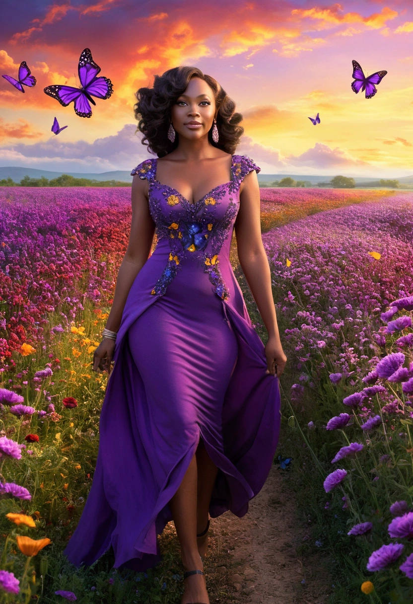 country road,Roadside wildflowers,weeds,sunrise,brilliant colorful, full body shot, fantasy, field full of purple butterflies, a stocky, beautiful, dwarf, curvy, plump, mature, 40 year old black woman, looking straight at the camera, twinkle in her eyes, fully dressed, smiling, full of joy, full body , purple dress, walking in a colorful flower field, surrounded by lots of purple butterflies, flying around her, giant purple butterflies flying over a colorful field of flowers, detailed eyes, detailed lips, long eyelashes, highly detailed, 8k, photorealistic, masterpiece, vibrant colors, dramatic lighting, fantasy, surreal, magical realism, clouds in the background