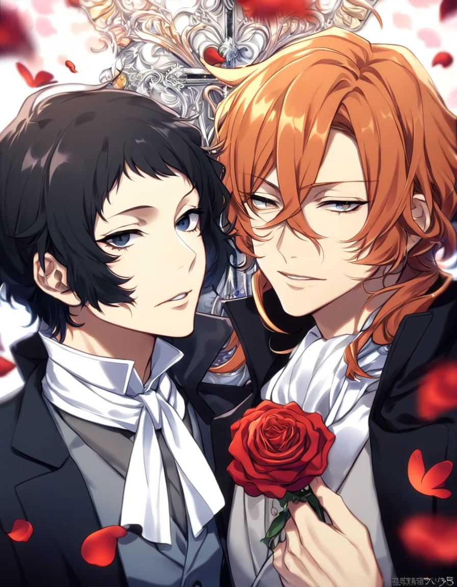 absurdres, highres, ultra detailed, HDR, master piece, best quality, extremely detailed, Akutagawa Ryuonosuke, black hair, expressive gray eyes, Bungou Stray Dogs, Nakahara Chuuya, orange hair, expressive blue eyes, two sexy men together, yaoi, gay couple, handsome, black coat with high collar, white shirt, gray vest, white cravat, cross, red butterflies, petals, magical, red roses, fantasy
