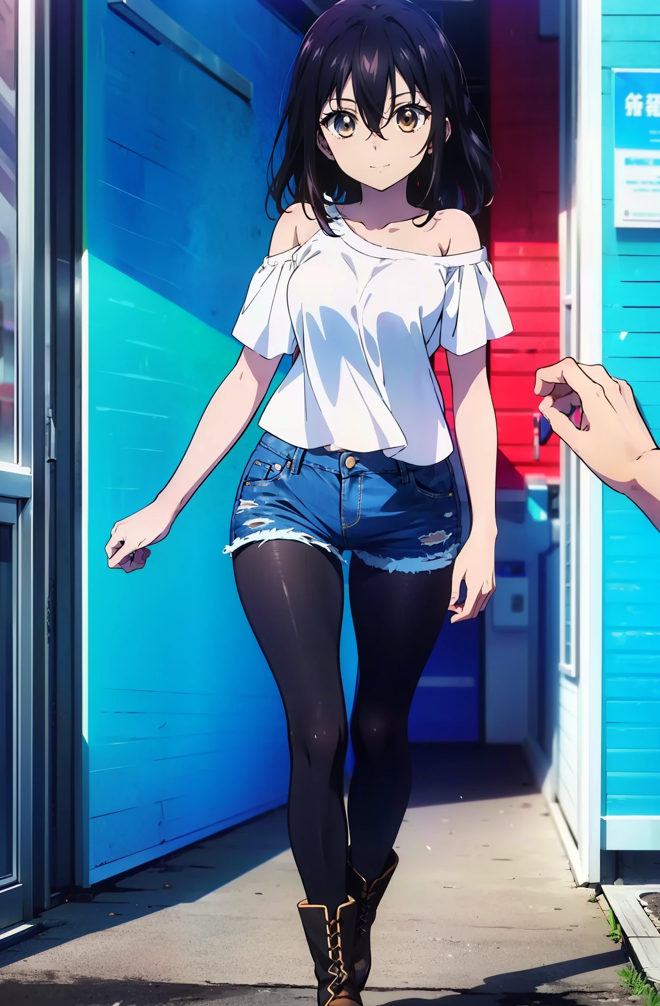 Himeragi Yukina, Brown eyes, Black Hair, Hair between the eyes, Medium Hair, Mid-chest,smile,One-shoulder shirt,Short sleeve,Short denim,Black pantyhose,short boots,Walking,whole bodyがイラストに入るように,Daytime,Clear skies,　　　　　　　　　　　　　　　　　　　break looking at viewer, whole body, 　　　　　　　　break outdoors ,Building district,　　　　　　　　　　　　　 break (masterpiece:1.2), Highest quality, High resolution, unity 8k wallpaper, (shape:0.8), (Beautiful and beautiful eyes:1.6), Highly detailed face, Perfect lighting, Highly detailed CG, (Perfect hands, Perfect Anatomy),