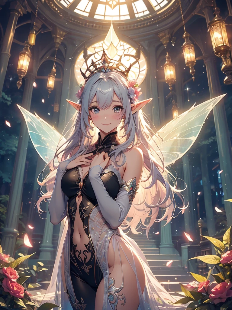 最high quality、1 woman elf on screen 、sexly, Beautifully decorated  dress、Beautiful foam、、CourtyardShining fairy wings、Flower fractal art　　Beautiful Nature　Crystal of snow、beautiful 、Bold Pose　、Bigger on the screen((cowboy shot 　))　((sexy  body stocking　　　、see-throughbodystocking,,))Beautiful radiance,High-definition depiction, Realistic, 8k, Unity, beautiful Shot, light smile, Beautifully and vividly drawn, , Beautiful, beautiful, clear skin、sexly,beautiful underwear,Countless rays of light pouring down, Swirling Light, Raise one arm above your head, Intense light is emitted from the magic circle in front of the girl.   forest、Lots of leaves、green leaves、Particles of light、at night、Magic Palace、Fairy tale、
Romanticism,Cowboy Shot: The most beautiful form of chaos, Mr..々colour, Intertwined flowers, ,magical gentle light,smile,sexly,image quality、masterpiece、Beautiful Face、Super beautiful elf woman((Big breasted 22 year old office lady、Bust 100,Beautiful long ironed hair 、bionde hair,height: 165cm。、sexly、ANDsbian、、high quality、、Visual art、Written boundary depth、、ANDlf ANDars、、universe、Happy smile、gentle light、ANDlf forest、elegant、ticker beautiful decorative、、magic、forest、beautiful tiara、Beautiful bed、Beautiful Landscape、A kind smile、wonderful、Fluttering petals、、、Cultivate fantasy、、Mystery light　Lots of flowers、、art、forest, palace, art,mystery,Ultra-high resolution,atmosphere A colorful and dreamy anime-style illustration of a young girl with beautiful hair,Beautiful Forest. surrounded by a kaleidoscope of colors and glowing lights. The background is filled with whimsical details and a magical atmosphere.
