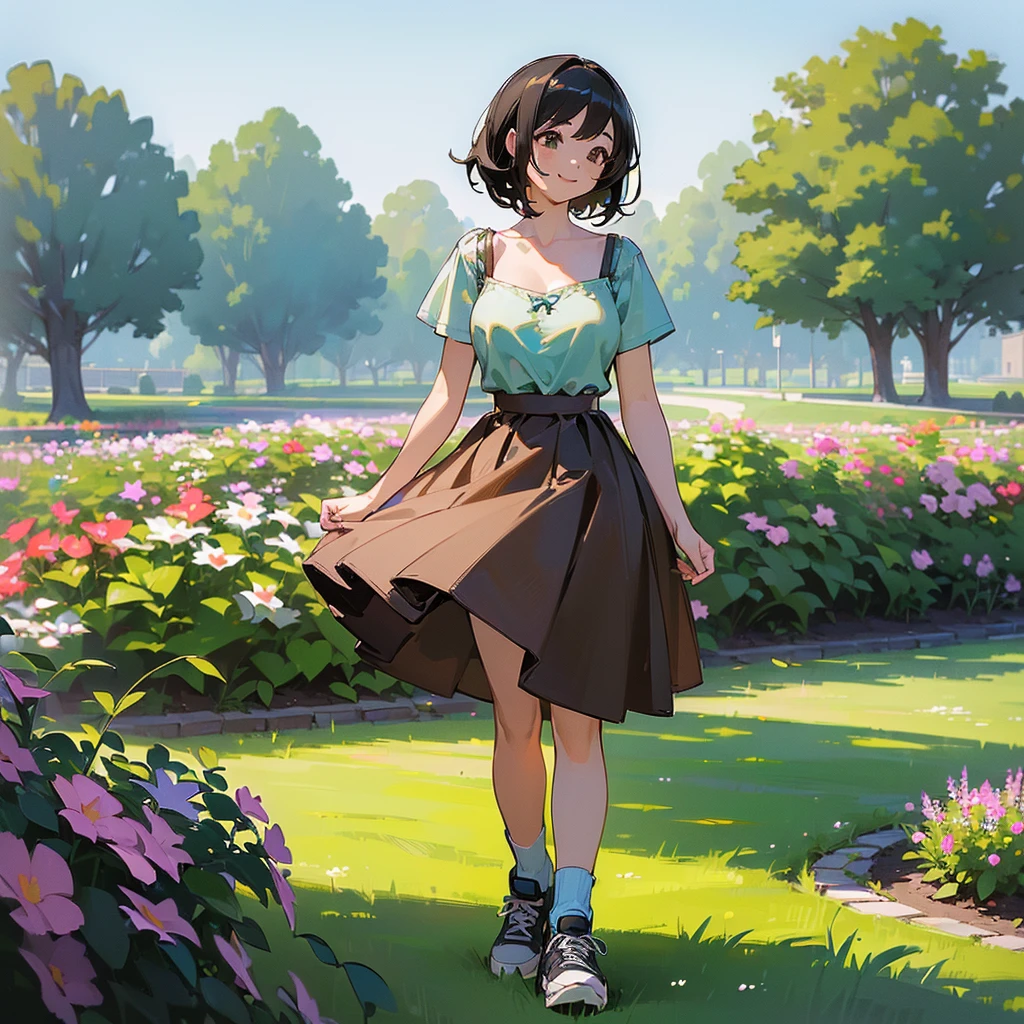 (high quality, High resolution, Very detailed, reality:1.37), Peaceful atmosphere, (Outdoor, garden), Teenage girl standing alone, (my breasts are big.), Beautiful details, Cute Smile, (Black bob hair), camisole, Brown Skirt, Blue socks, sneakers.
