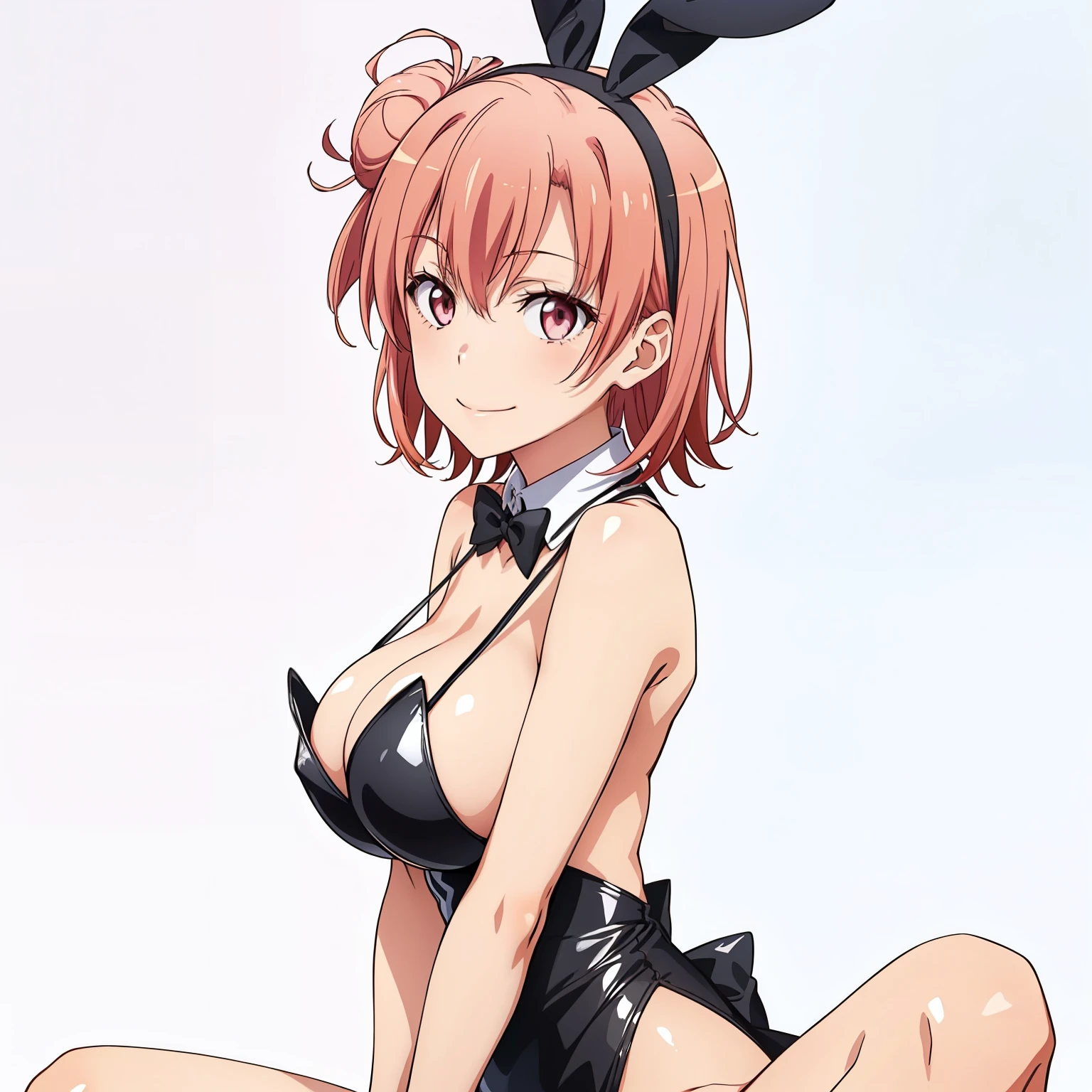 ((masutepiece, Best Quality, hight resolution, nffsw, Perfect Pixel, depth of fields, 4K, )), 1girl in, Solo, , Beautiful anime girl, Beautiful Art Style, close up, Looking at Viewer, Perfect body, side shot, Yuigahama Yui, Short hair, pink hair, pink eyes, hairbun, (large boob), side boob, sitting, black playboy bunny outfit, smile, hands on thighs, blank white background, shot from the waist up