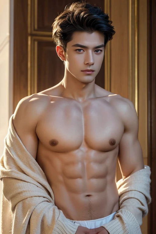 ((masterpiece)),((best quality)),8K,High Detail,Extremely detailed, neutral expressions, Fashion pose, Real skin texture, light,
Royal blue style husband,Topless