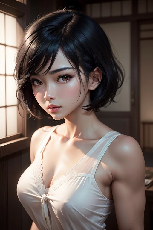 (Masseter muscle area), Realistically, Photorealist, A Japanese beauty, Beautiful Face、A vivid face、Short black hair、Beautiful Hair、Lips parted, Realistic Skin、Beautiful skins、Charm、Cute white organza blouse、 Upper body,Detailed,Dark Background,Backlight、