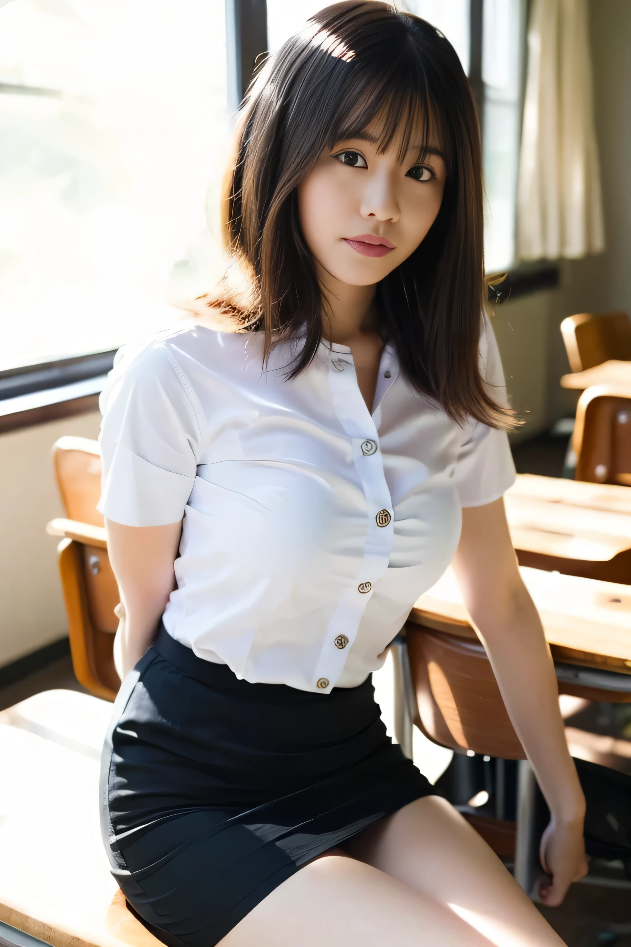 Close up,1 girl{{A beautiful woman wearing a white short-sleeved shirt and a short black A-line skirt}} sits with her legs spread apart on a lecture table in the classroom, striking a sexy pose.  with several lecture tables set up behind it  There is a sliding glass window.  There was evening light streaming into the room.