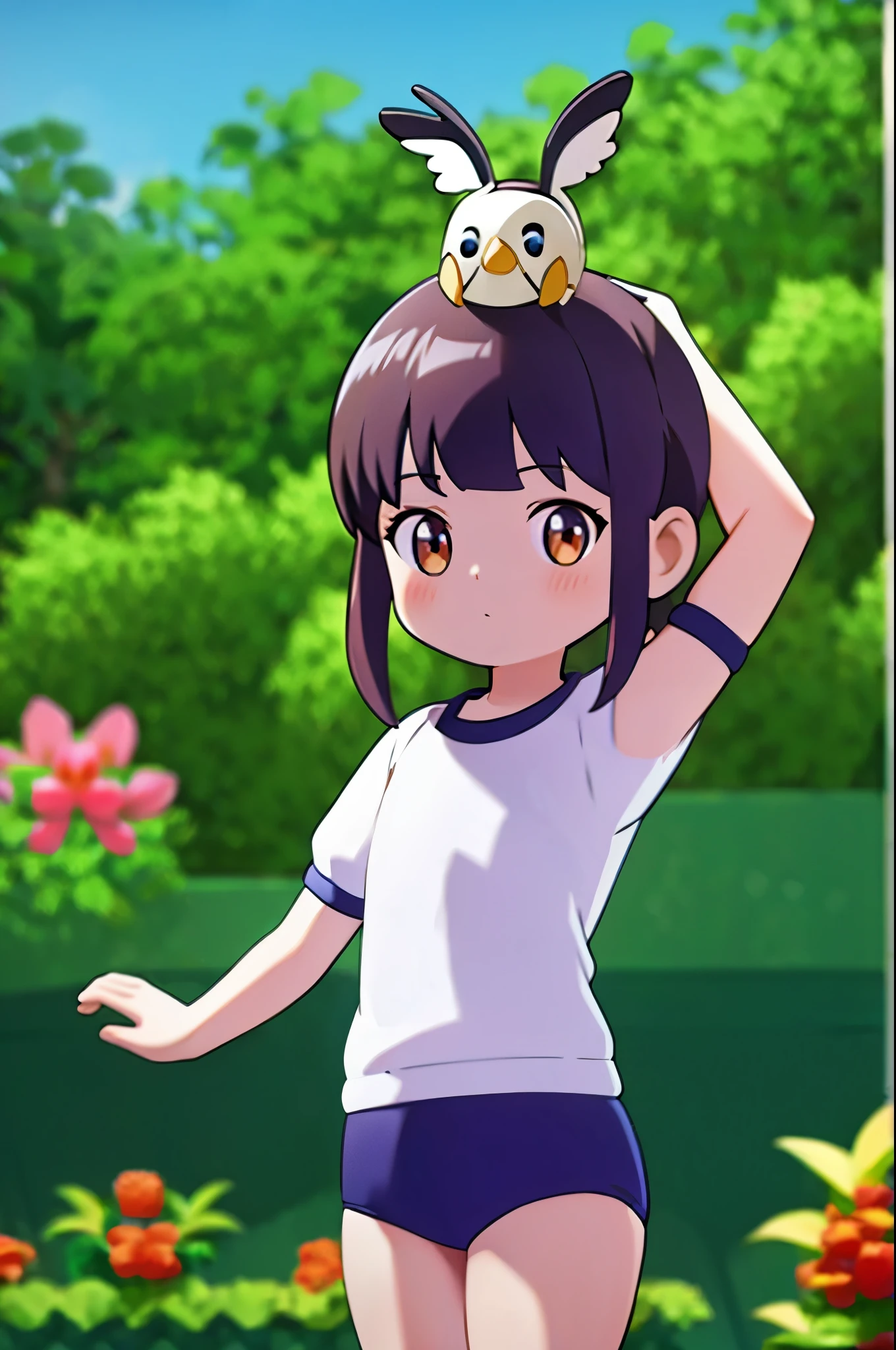 (masterpiece:1.2, Highest quality,High resolution,Very detailed),(Best illustrations),8k,wallpaper,(1 girl),(Middle school students),(A small spotted owl is on his head.),(White gym clothes),(Navy Blue Bloomers),cute,There is no motivation,(front:1.6),(Cowboy Shot),(garden:1.6),(jp_buruma)