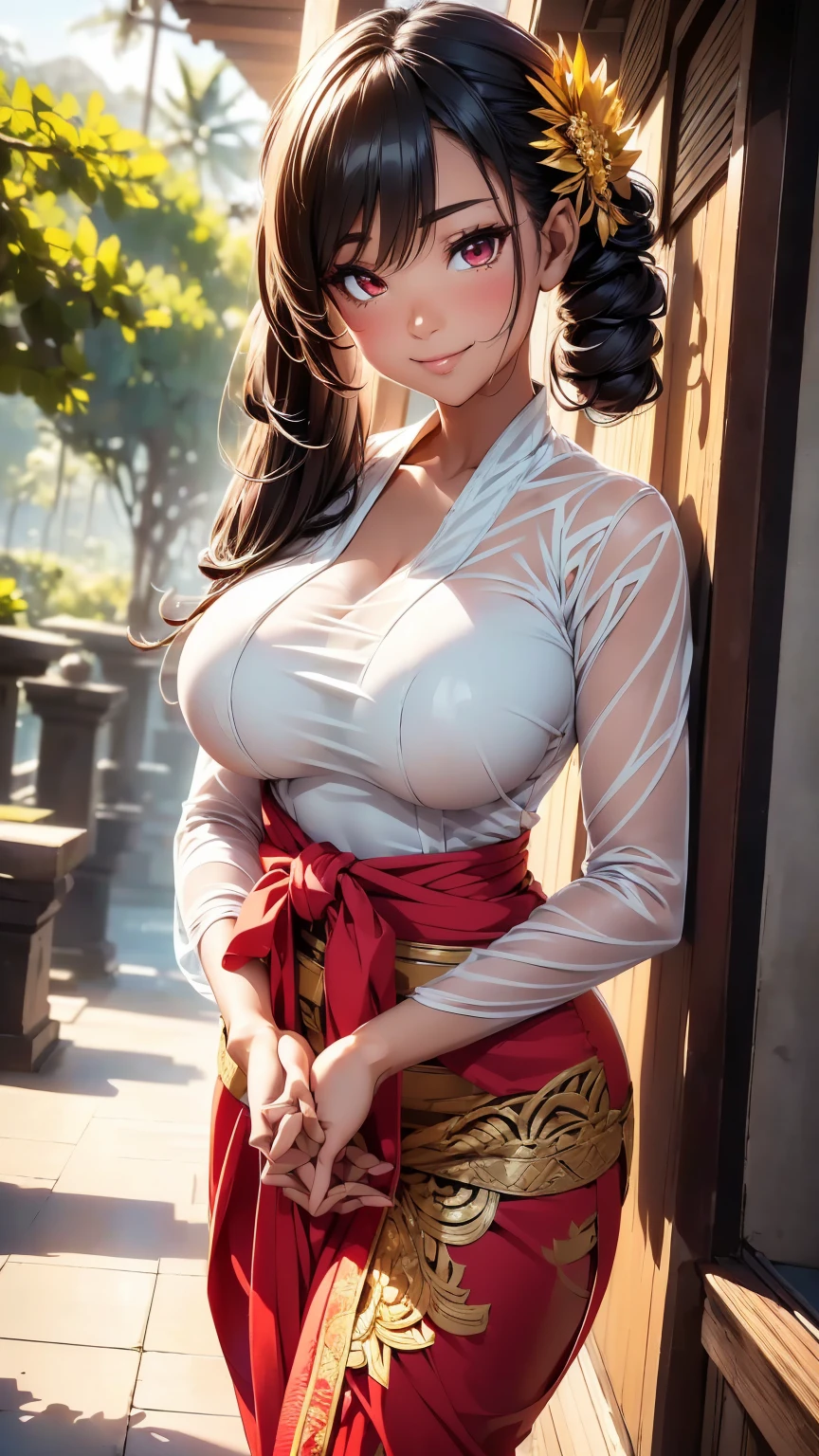 a balinese girl, sexy body, ((big breasts)), big hips, thick thighs, beautiful face, beautiful eyes, smiling, blushing, long black hair, twintail hairstyle, red eyes, standing, ((white kebaya bali, kebaya outfit, balinese kebaya, balinese kamen, balinese)), perfect hands, perfect fingers, high quality picture, high resolution, very detailed, 8k resolution, anime style