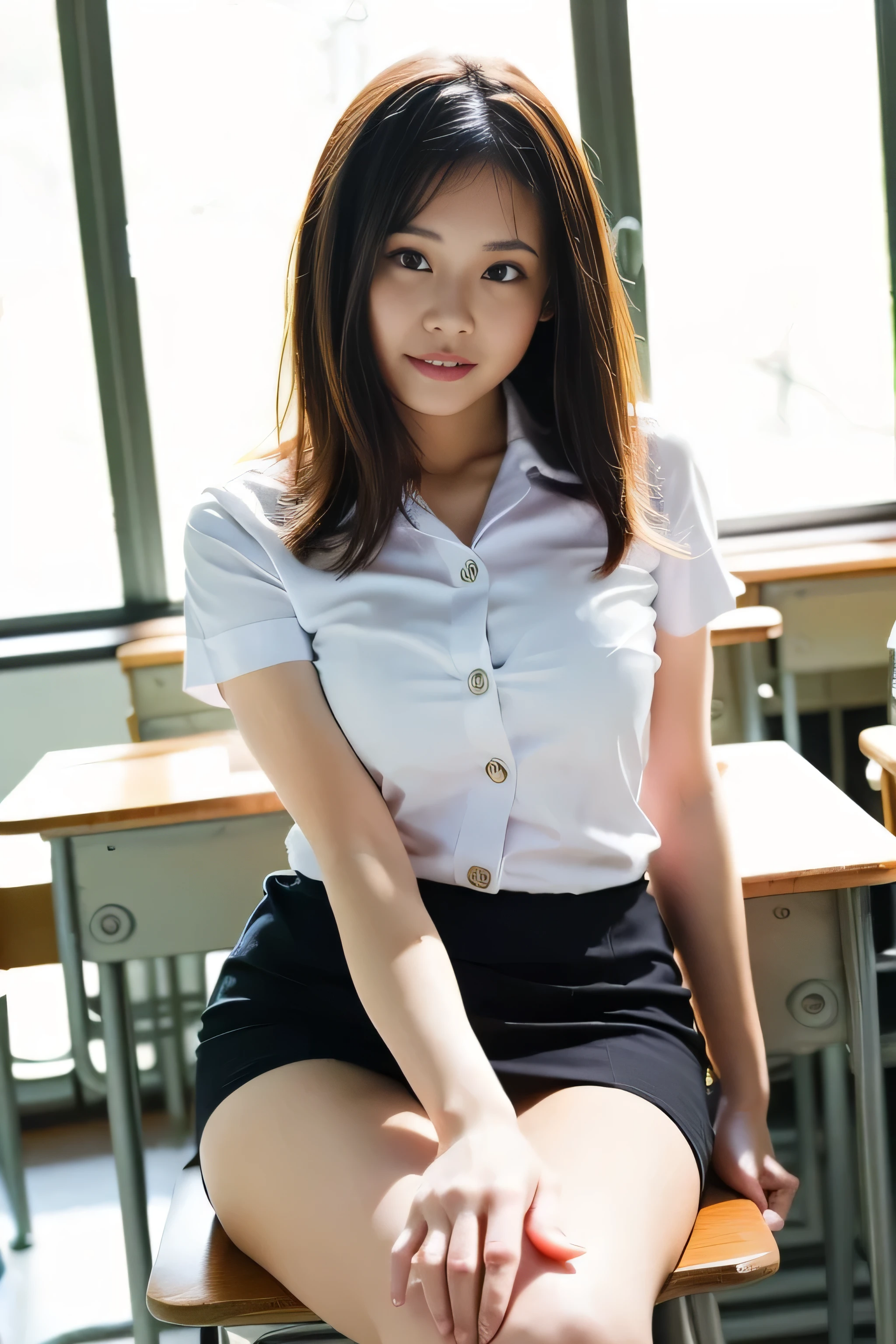 Close up,1 girl{{A beautiful woman wearing a white short-sleeved shirt and a short black A-line skirt}} sits with her legs spread apart on a lecture table in the classroom, striking a sexy pose.  with several lecture tables set up behind it  There is a sliding glass window.  There was evening light streaming into the room.