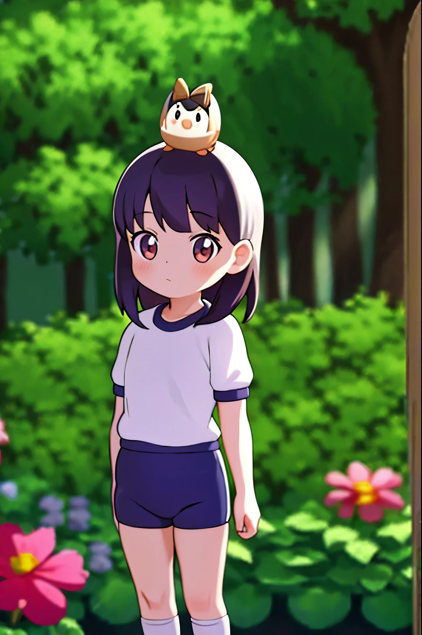(masterpiece:1.2, Highest quality,High resolution,Very detailed),(Best illustrations),8k,wallpaper,(1 girl),(),(A small spotted owl is on his head.),(White gym clothes),(Navy Blue Bloomers),cute,There is no motivation,(front:1.6),(Cowboy Shot),(garden:1.6),(jp_buruma)