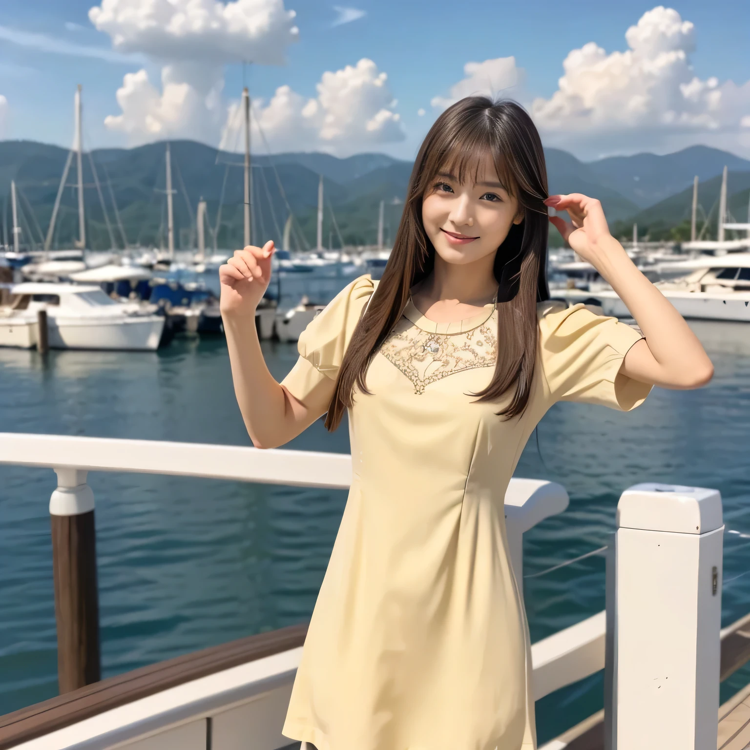(Calm and gentle look:1.8), (Full Body Shot:1.3), (panorama:1.8), Cinema Lighting, ((Highest quality)), (RAW Photos, Highest quality), ( Realistic:1.4), realism, masterpiece, Very delicate and beautiful, Very detailed, 4K wallpaper, wonderful, finely, Very detailed CG unity 8k wallpaper, Very detailed, High resolution, Soft Light, Japanese, (one shot:1.9), (22 years old:1.6), (Round face:1.2), (Fat:0.8), (A neat and clean woman:1.5), Beautiful detailed woman,Famous Japanese actresses, Detailed face, finelyて美しい目, Very detailedな目と顔, Beautiful eyes and a beautifully detailed nose, Ultra HD glossy lips, (Straight Hair:1.4), Shiny Hair, Shiny Hair, Brown Hair, (bangs:1.4), Long, slender legs, Toned body, (Smiling:1.5), Natural Makeup, (LET IT PASS, Pale yellow, Short sleeve dress:1.8), (A very intricate and elaborately decorated dress:1.3), Accentuate your body lines, (pumps:1.2), (A model posing at the yacht harbor:1.4), (Deep blue midsummer sky, cumulonimbus:1.3),