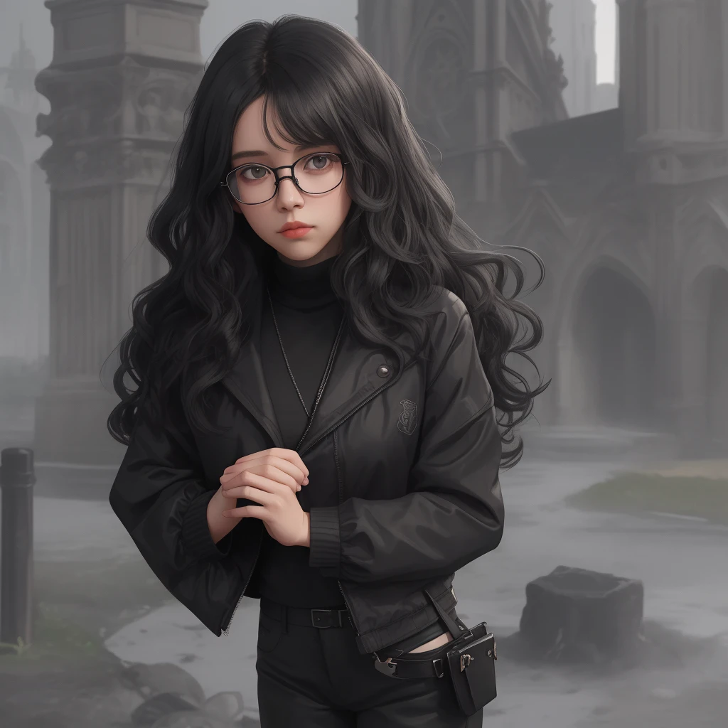 A girl, black curly hair, black jacket, black sweater, black fabric pants, black boots, glasses, black pupils. Cathedral background