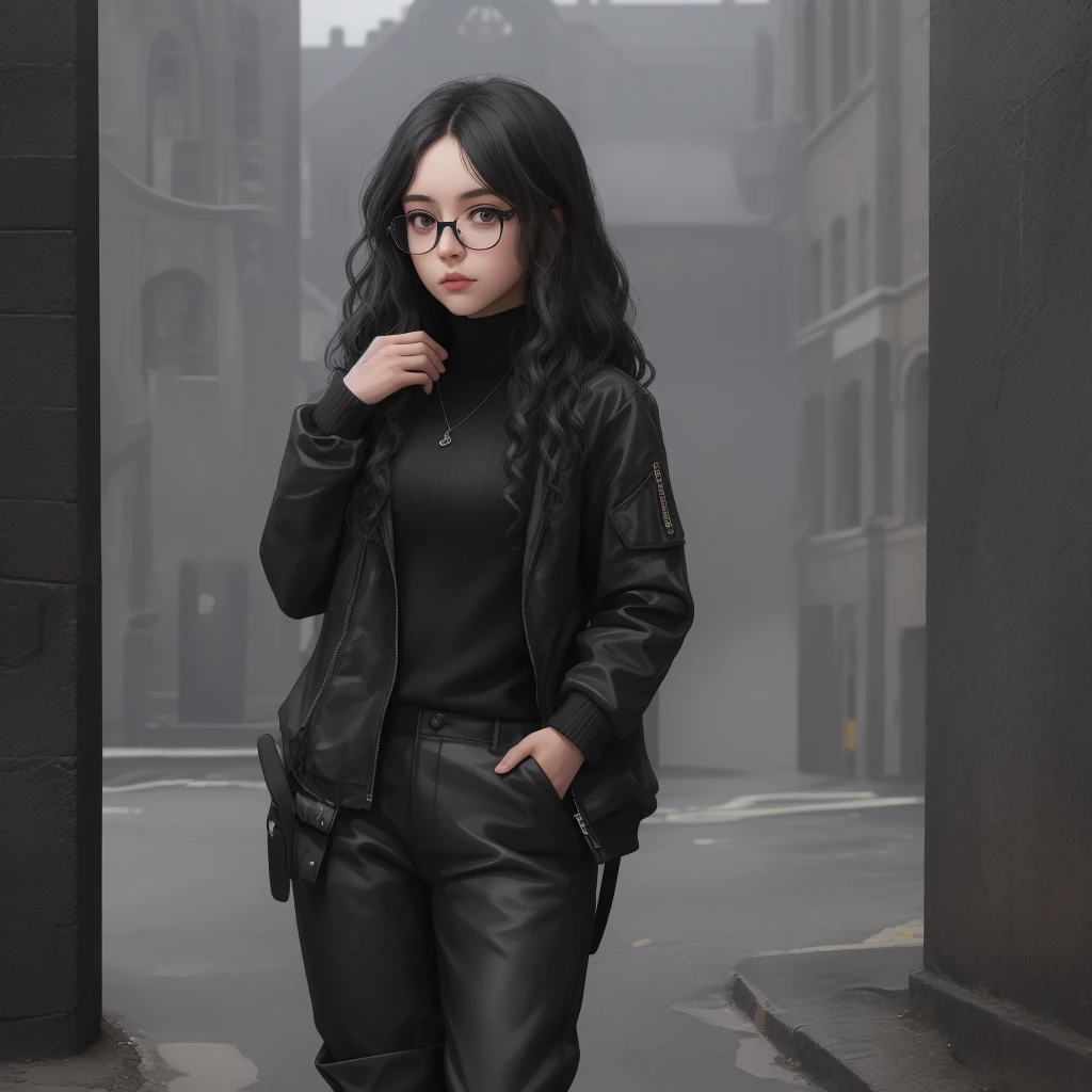 A girl, black curly hair, black jacket, black sweater, black fabric pants, black boots, glasses, black pupils. Cathedral background