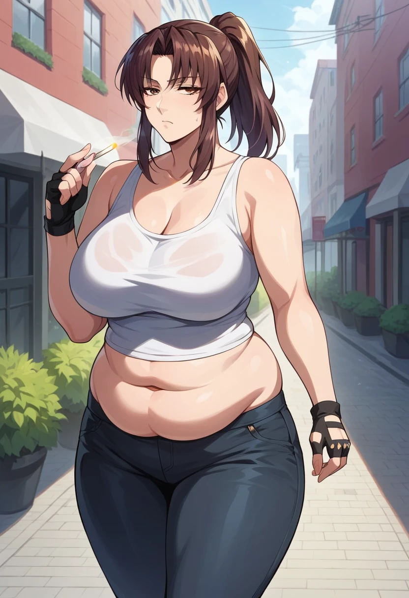 score_9, score_8_up, score_7_up, masterpiece, best quality,high quality,highres,very aesthetic, absurdres, high detailed,optimal lightning,4k,8k wallpaper, source_anime, official art, official style, megami magazine,BREAK, 1girl, imagine Revy as a plus size milf, 45-year-old, mature woman, long hair, brown hair, brown eyes, ponytail, plump, chubby figure, round belly, black crop top, fingerless gloves, black leather pants,unamused,disappointed,expressionless,holding a cigarette,BREAK,city street, walking
