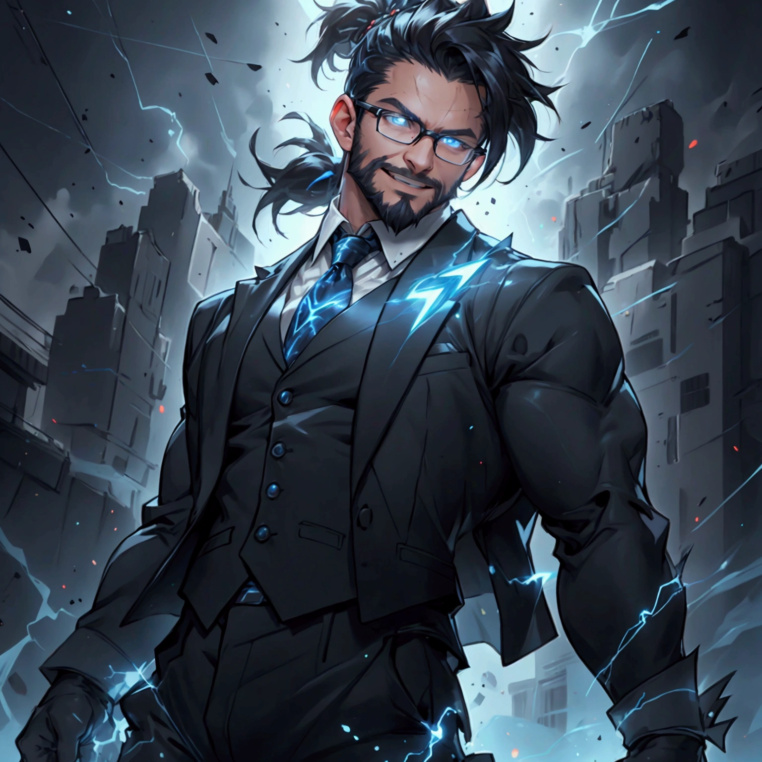 a muscular man with a ponytail, glasses, black hair, light scruffy beard, wearing a business vest and black dress pants, solo, alone, glowing electrical powers, (SOLO)(ALONE), best quality, 8k, highres, masterpiece, ultra-detailed, realistic, photorealistic, photo-realistic, HDR, UHD, studio lighting, ultra-fine painting, sharp focus, physically-based rendering, extreme detail description, professional, vivid colors, bokeh, has blue eyes, blue electric powers, wearing white dress shirt and black vest, fighting pose, grinning, lightning