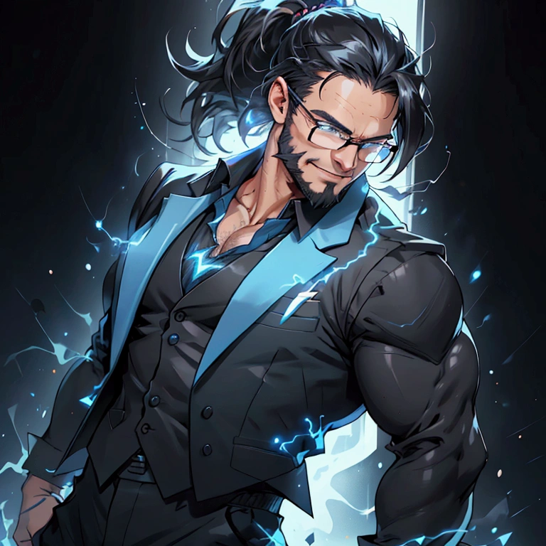 a muscular man with a ponytail, glasses, black hair, light scruffy beard, wearing a business vest and black dress pants, solo, alone, glowing electrical powers, (SOLO)(ALONE), best quality, 8k, highres, masterpiece, ultra-detailed, realistic, photorealistic, photo-realistic, HDR, UHD, studio lighting, ultra-fine painting, sharp focus, physically-based rendering, extreme detail description, professional, vivid colors, bokeh, has blue eyes, blue electric powers, wearing white dress shirt and black vest, fighting pose, grinning, lightning