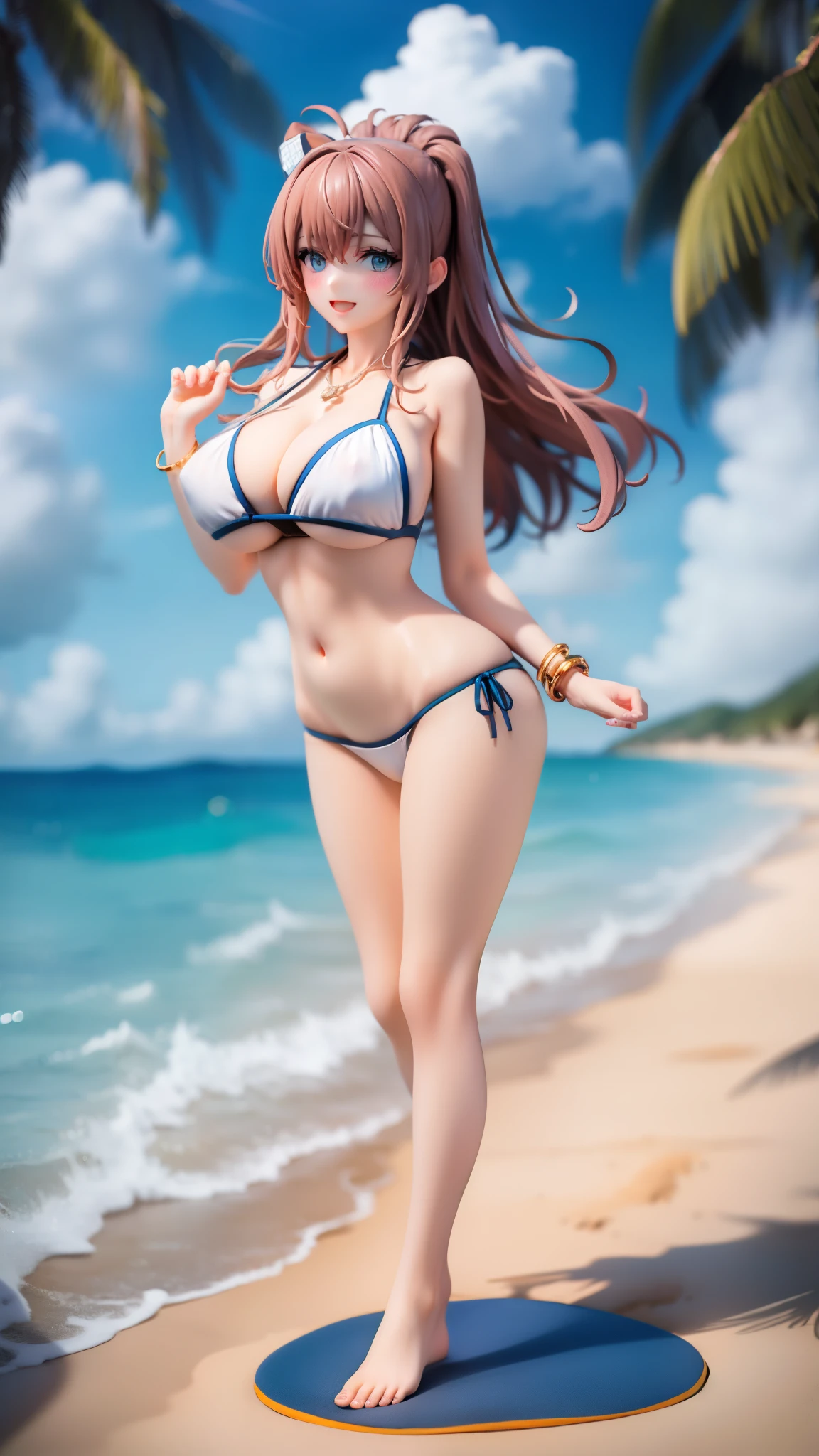 bracelet,
smile,,blush,,cleavage,huge breasts,,,blush,solo,, gleaming skin,shiny skin ,view viewer , , ,view viewer,,, wide hips,blush,,,,looking at viewer,,narrow waist,embarass,smile,beautiful detailed eyes,from front,,bright screen,bright from front,wide hip,very long hair,, long hair, tall,blue eyes,navel,stomach,full body,beach,ocean,blue sky,barefoot,seductive smile,necklace,open mouth,view viewer,, hourglass figure, hair ornament,white bikini,,brown hair