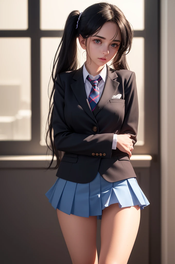 1girl, beautiful young woman, long black hair, twin tails, blue blazer uniform, tie, tight skirt, knee socks, standing in anatomy club room, gazing at viewer, sweet expression, human body drawings on blackboard, (best quality,4k,8k,highres,masterpiece:1.2),ultra-detailed,(realistic,photorealistic,photo-realistic:1.37),anatomy,scientific,precise,hyper-realistic,intricate details,vivid colors,cinematic lighting,volumetric lighting,depth of field,photo-realistic rendering