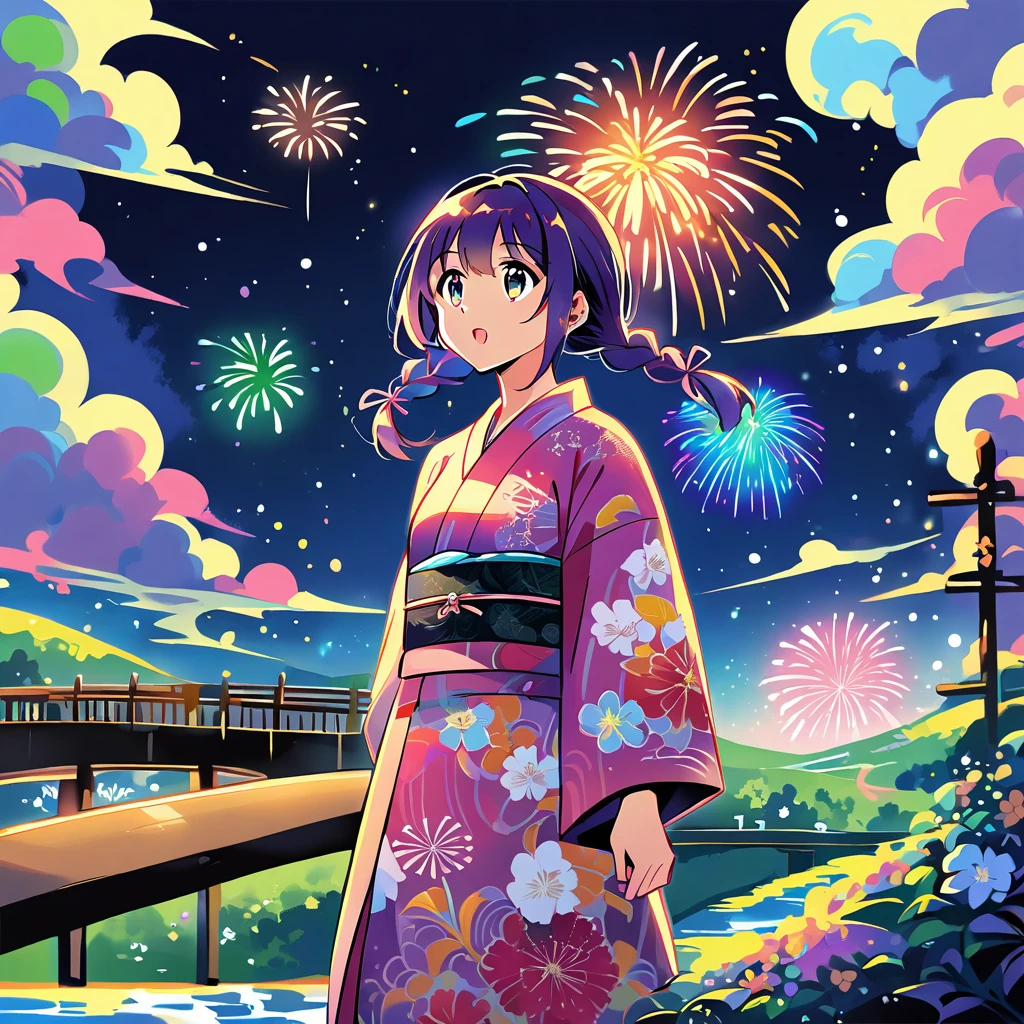 A girl with shoulder-length peal purple twin braids, green and black eyes, and hair tied at both sides of her head with a pink ribbon, wearing a beautiful yukata. She is standing on a lush, green hill, looking at a suspension bridge from a distance. The scene is set at night, with a spectacular fireworks display in the sky above the bridge. She is looking up with a joyful and amazed expression. The yukata is adorned with floral patterns and vibrant colors. The bridge and fireworks are the focal points in the distance, creating a dramatic and festive atmosphere. The perspective is dynamic, capturing the depth of the scene from slightly above. The art style is comic-inspired, with bold lines, vibrant colors, and expressive details.