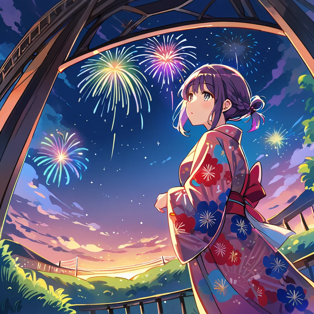 A girl with shoulder-length peal purple twin braids, green and black eyes, and hair tied at both sides of her head with a pink ribbon, wearing a beautiful yukata. She is standing on a lush, green hill, looking at a suspension bridge from a distance. The scene is set at night, with a spectacular fireworks display in the sky above the bridge. She is looking up with a joyful and amazed expression. The yukata is adorned with floral patterns and vibrant colors. The bridge and fireworks are the focal points in the distance, creating a dramatic and festive atmosphere. The perspective is dynamic, capturing the depth of the scene from slightly above. The art style is comic-inspired, with bold lines, vibrant colors, and expressive details.