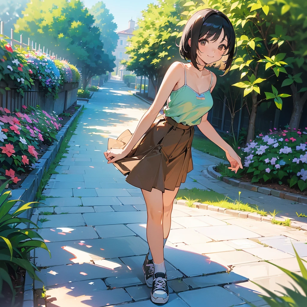 (high quality, High resolution, Very detailed, reality:1.37), Peaceful atmosphere, (Outdoor, garden), age girl standing alone, (my breasts are big.), Beautiful details, Cute Smile, (Black bob hair), camisole, Brown Skirt, Blue socks, sneakers.