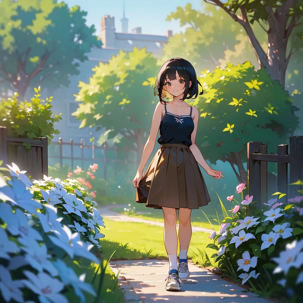 (high quality, High resolution, Very detailed, reality:1.37), Peaceful atmosphere, (Outdoor, garden), age girl standing alone, (my breasts are big.), Beautiful details, Cute Smile, (Black bob hair), camisole, Brown Skirt, Blue socks, sneakers.