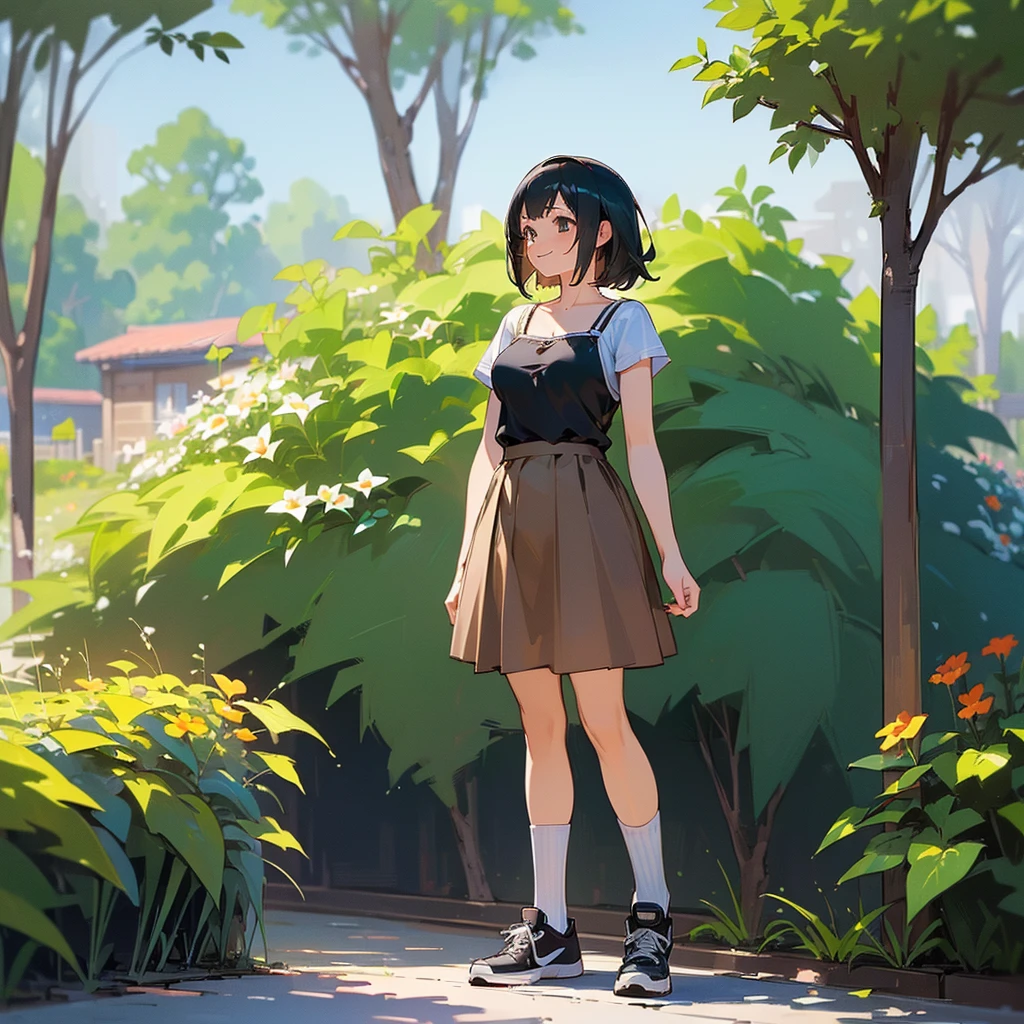 (high quality, High resolution, Very detailed, reality:1.37), Peaceful atmosphere, (Outdoor, garden), age girl standing alone, (my breasts are big.), Beautiful details, Cute Smile, (Black bob hair), camisole, Brown Skirt, Blue socks, sneakers.