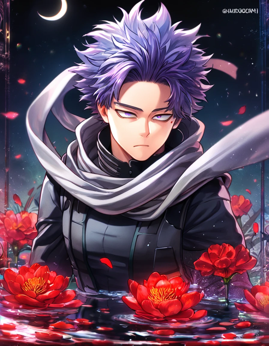 absurdres, highres, ultra detailed, HDR, master piece, Shinsou Hitoshi, indigo hair, messy hair, expressive purple eyes, gray scarf, black clothes, black gloves, Boku No Hero Academia, sexy man, handsome, best quality, red glittering crescent moon, red flowers, fantasy, magical, solo, water, red shining fireflies, red petals, sensual