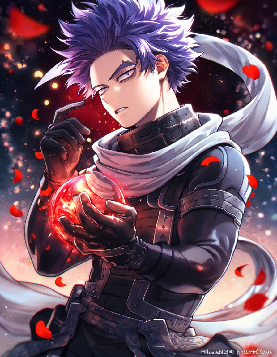 absurdres, highres, ultra detailed, HDR, master piece, Shinsou Hitoshi, indigo hair, messy hair, expressive purple eyes, gray scarf, black clothes, black gloves, Boku No Hero Academia, sexy man, handsome, best quality, red glittering crescent moon, red flowers, fantasy, magical, solo, water, red shining fireflies, red petals, sensual