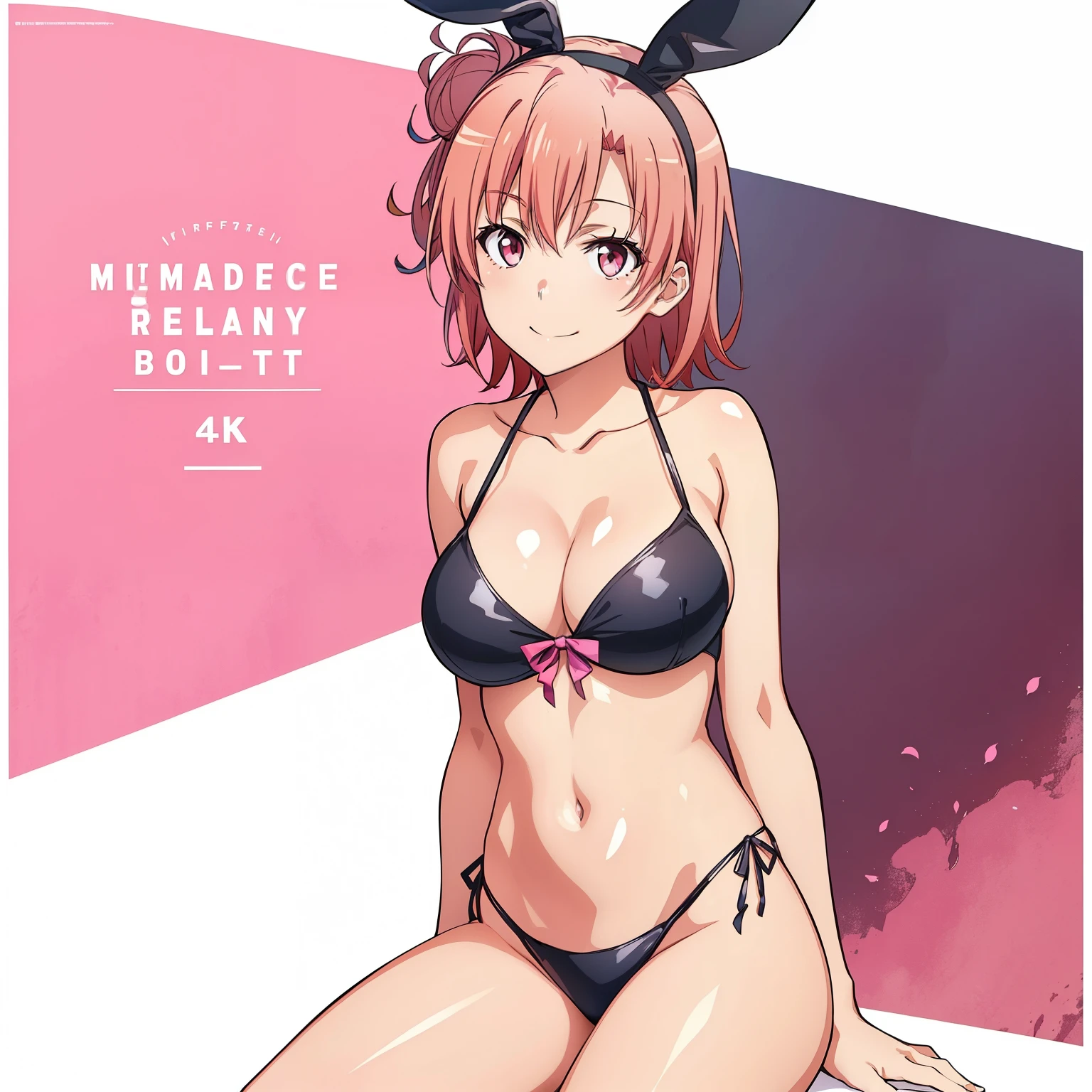 ((masutepiece, Best Quality, hight resolution, nffsw, Perfect Pixel, depth of fields, 4K, )), 1girl in, Solo, , Beautiful anime girl, Beautiful Art Style, close up, Looking at Viewer, Perfect body, side shot, Yuigahama Yui, Short hair, pink hair, pink eyes, hairbun, (large boob), side boob, sitting, black playboy bunny outfit, smile, hands on thighs, blank white background, shot from the waist up