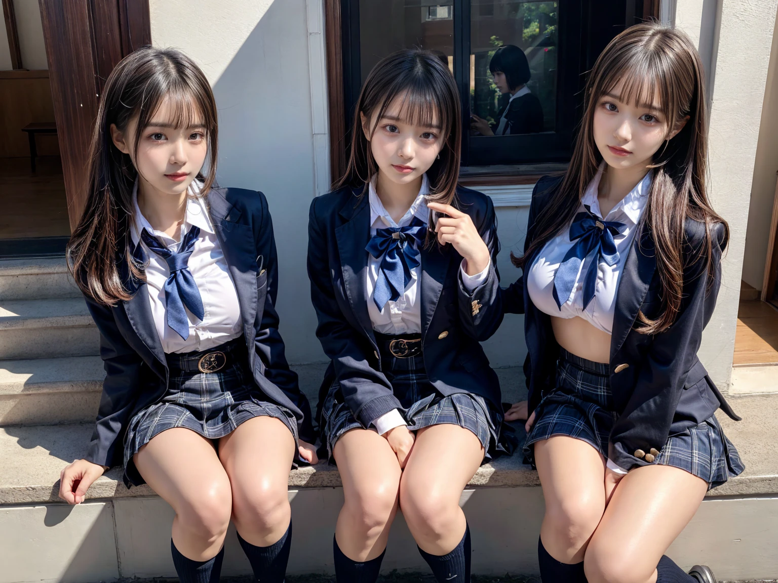 (8K, Raw photography, top-quality, masterpiece:1.2), master piece, best quality, illustration, Super detailed, fine details, High resolution, 8K,wall paper, perfect dynamic composition,(Details High quality, realistic depiction of eyes:1.3), ((2 girls, 2 schoolgirls)), The background is a luxury hotel room、High school girl uniform、blazer 、Super Short Check Uniform Skirt、Navy blue high socks、garterbelts、Colossal tits、Disturbed uniform, Play with each other,Touching each other's bodies,Touching the body of the girl next door, short bob hair, black hair color, huge breasts, Big Natural Color Lip, bold sexy pose, (perfect body shape), crying a little、cold gaze, Beautiful makeup,glitter makeup,Cutest 18 years old, beautiful legs, hposing Gravure Idol, Voluptuous thighs