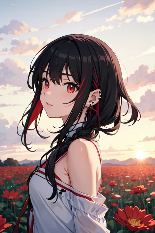Anime girl with shoulder-length black hair with a white streak and red eyes, the right one lighter than the left., rocker style ,with a piercing in the ears, behind a field of flowers with a beautiful sunset