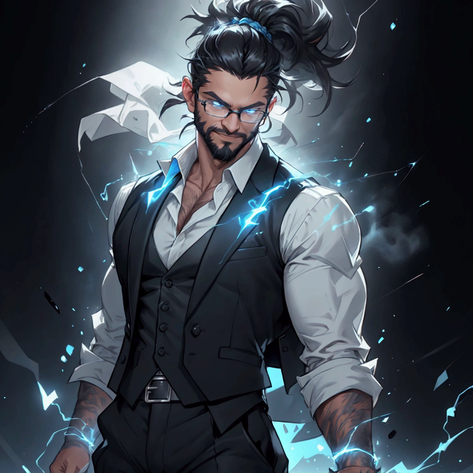 a muscular man with a ponytail, glasses, black hair, light scruffy beard, wearing a business vest and black dress pants, solo, alone, glowing electrical powers, (SOLO)(ALONE), best quality, 8k, highres, masterpiece, ultra-detailed, realistic, photorealistic, photo-realistic, HDR, UHD, studio lighting, ultra-fine painting, sharp focus, physically-based rendering, extreme detail description, professional, vivid colors, bokeh, has blue eyes, blue electric powers, wearing white dress shirt and black vest, fighting pose, grinning, lightning