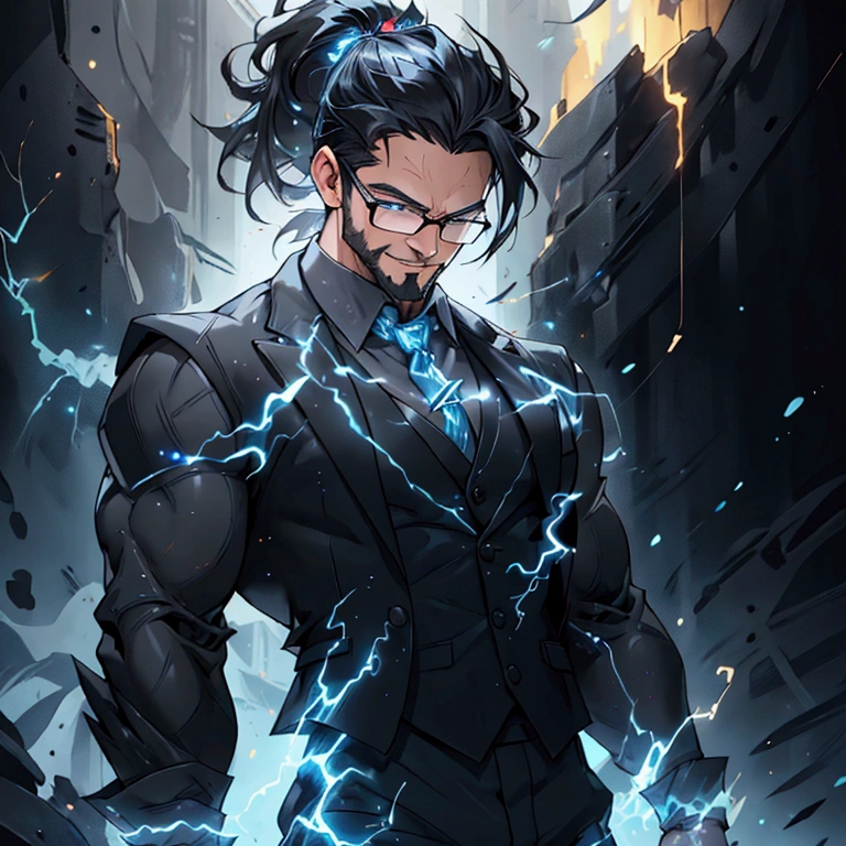 a muscular man with a ponytail, glasses, black hair, light scruffy beard, wearing a business vest and black dress pants, solo, alone, glowing electrical powers, (SOLO)(ALONE), best quality, 8k, highres, masterpiece, ultra-detailed, realistic, photorealistic, photo-realistic, HDR, UHD, studio lighting, ultra-fine painting, sharp focus, physically-based rendering, extreme detail description, professional, vivid colors, bokeh, has blue eyes, blue electric powers, wearing white dress shirt and black vest, fighting pose, grinning, lightning
