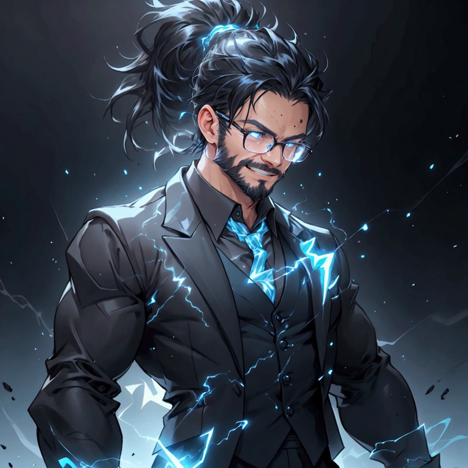 a muscular man with a ponytail, glasses, black hair, light scruffy beard, wearing a business vest and black dress pants, solo, alone, glowing electrical powers, (SOLO)(ALONE), best quality, 8k, highres, masterpiece, ultra-detailed, realistic, photorealistic, photo-realistic, HDR, UHD, studio lighting, ultra-fine painting, sharp focus, physically-based rendering, extreme detail description, professional, vivid colors, bokeh, has blue eyes, blue electric powers, wearing white dress shirt and black vest, fighting pose, grinning, lightning