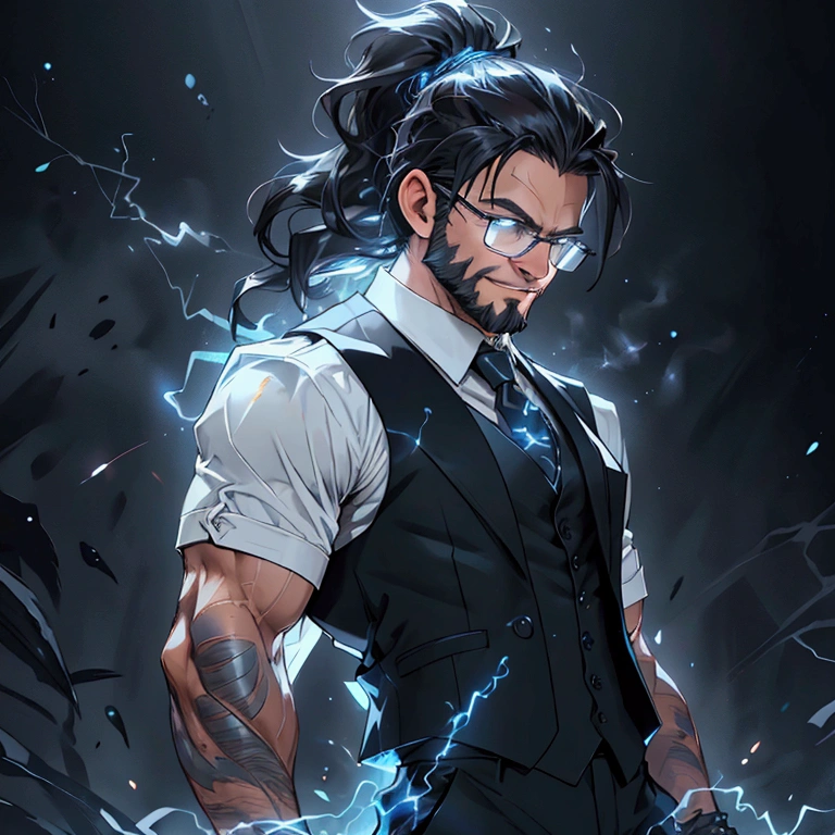 a muscular man with a ponytail, glasses, black hair, light scruffy beard, wearing a business vest and black dress pants, solo, alone, glowing electrical powers, (SOLO)(ALONE), best quality, 8k, highres, masterpiece, ultra-detailed, realistic, photorealistic, photo-realistic, HDR, UHD, studio lighting, ultra-fine painting, sharp focus, physically-based rendering, extreme detail description, professional, vivid colors, bokeh, has blue eyes, blue electric powers, wearing white dress shirt and black vest, fighting pose, grinning, lightning