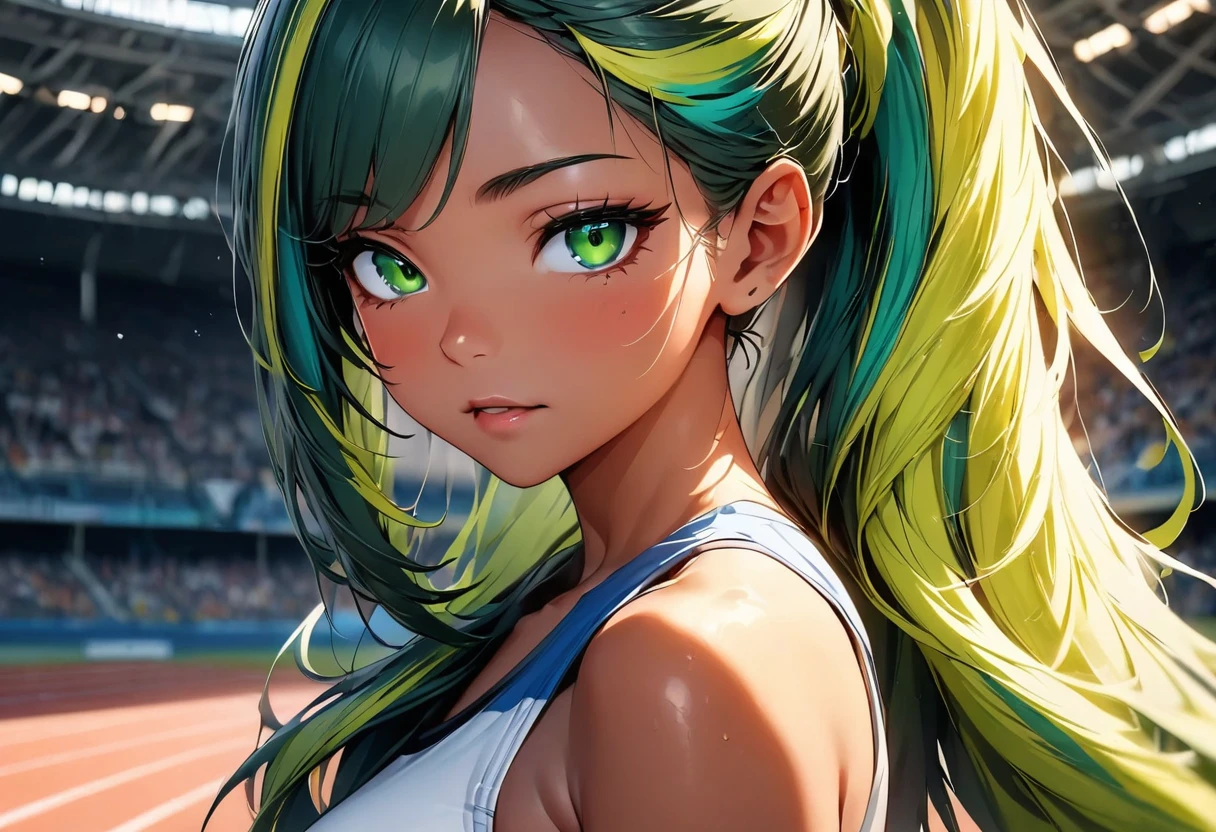 (highest quality:1.2, Very detailed, up to date, Vibrant, Ultra-high resolution, High Contrast, masterpiece:1.2, highest quality, Best aesthetics), Portraiture、girl、((25 years old:1.5)), (slim:1), 25 years old, sports bra, track and field athlete, Bright colors、Beautiful fine details、Beautiful lip detail、long hair、ponytail, white and yellow green ((streaked hair:1.6)), highlights hair: 1.5, (small breast,:0.9) (tan skin:1.1), athletics stadium, upper body, look at viewer
