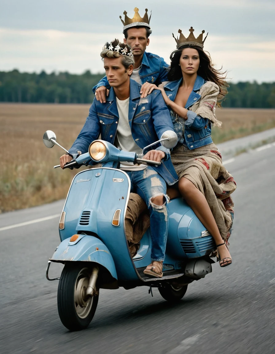 Jesus riding on the back of Venus dressed in tattered cloth, both sitting together driving a Vespa motorcycle down an empty road. The woman has her hair blowing and is wearing a crown made of old fabrics. The man wears jeans and a jacket with a blue shirt underneath. Photorealistic, high resolution and very detailed, in the style of a Hasselblad camera.